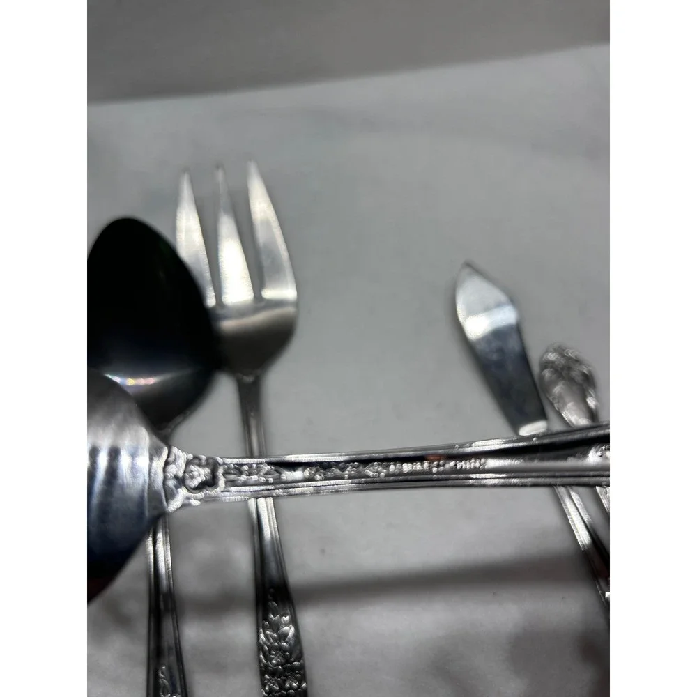 Rogers Precious Rose Pattern Stainless Flatware Set 53pc Service for 8 plus